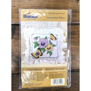 NOS VTG Bucilla Decorative Pillow Butterfly & Flowers Stamped Cross Stitch Kit